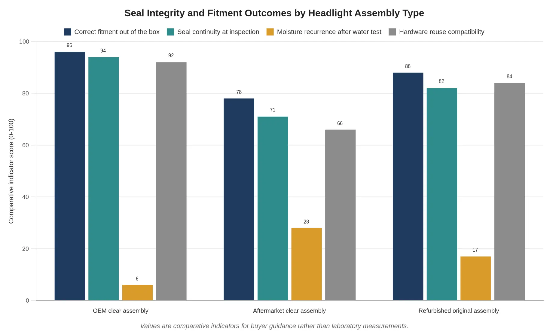 Grouped bar chart comparing OEM clear, aftermarket clear, and refurbished original 3000GT headlight assemblies across fitment, seal continuity, moisture recurrence, and hardware reuse scores from 0 to 100