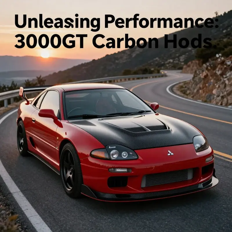A Mitsubishi 3000GT with a carbon fiber hood driving on a scenic mountain road at sunset.