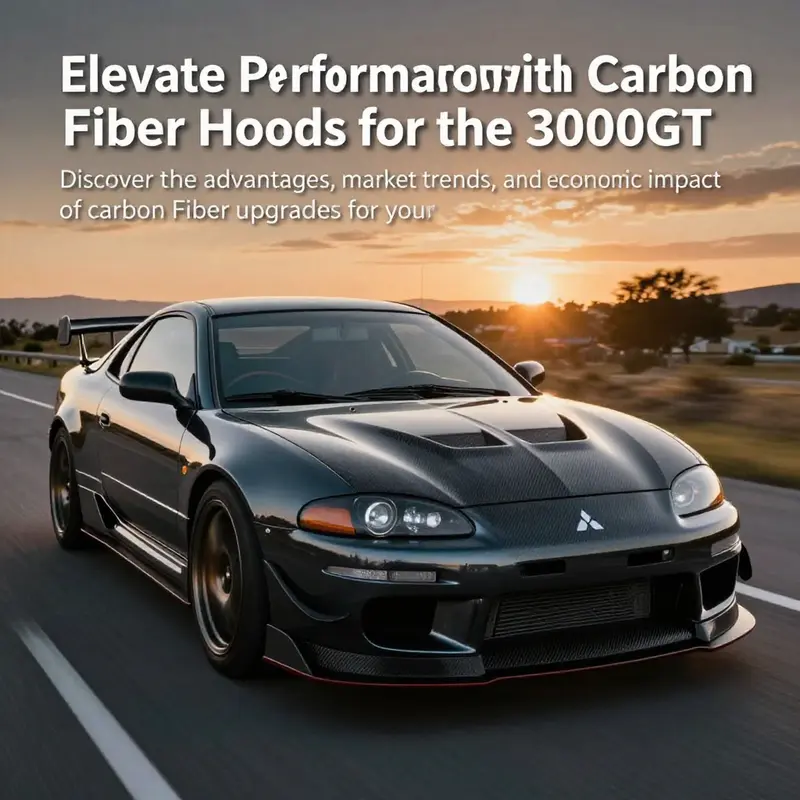 Mitsubishi 3000GT with a carbon fiber hood driving on a scenic road during sunset.