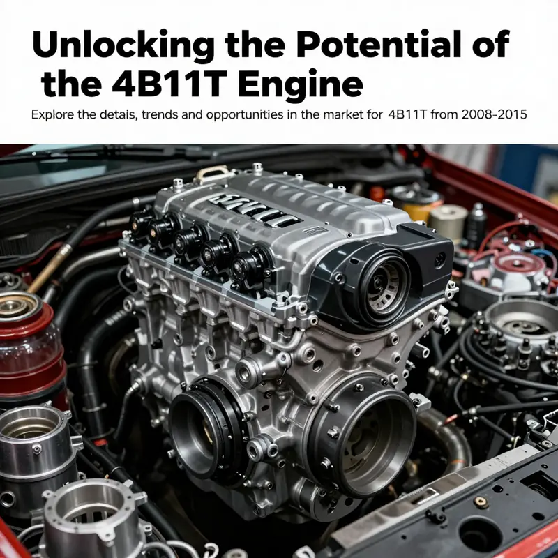 An image of a prominent 4B11T engine surrounded by various automotive parts, illustrating its relevance in the aftermarket.