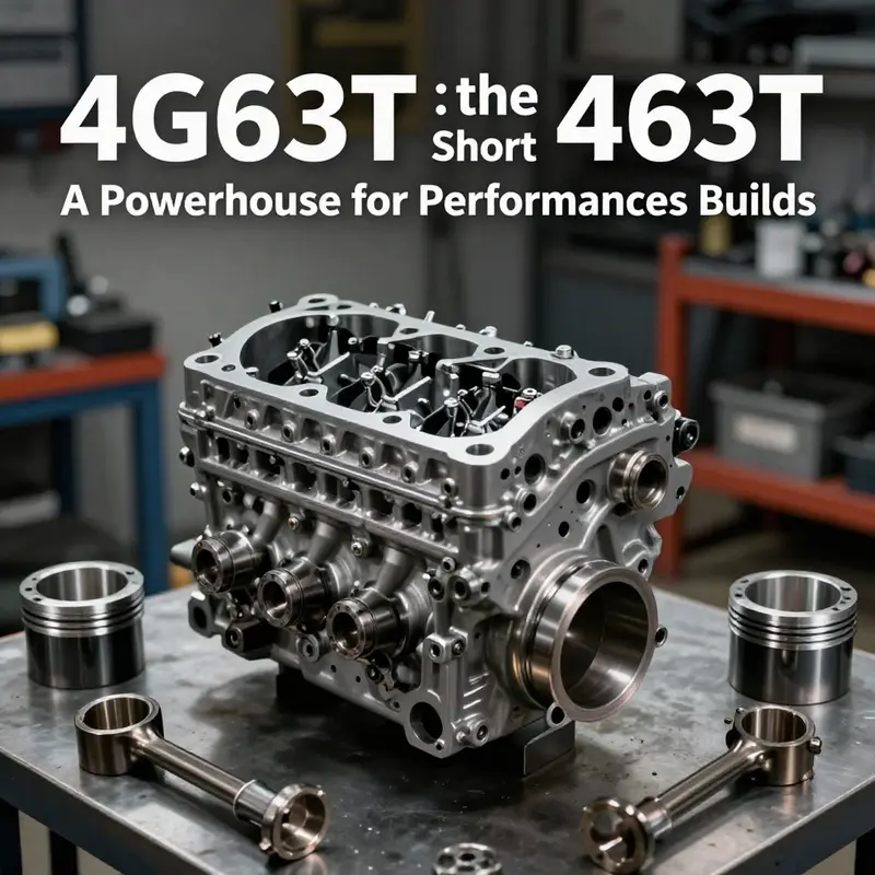 Detailed view of 4G63T short block highlighting its specifications.