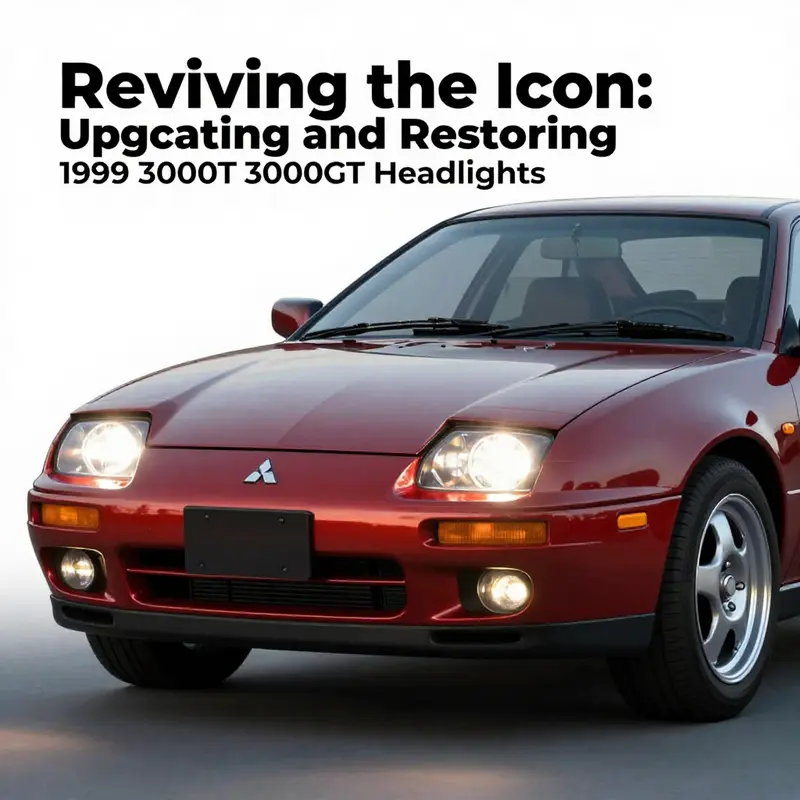 Detailed look at the 1999 Mitsubishi 3000GT headlights, highlighting replacement options.