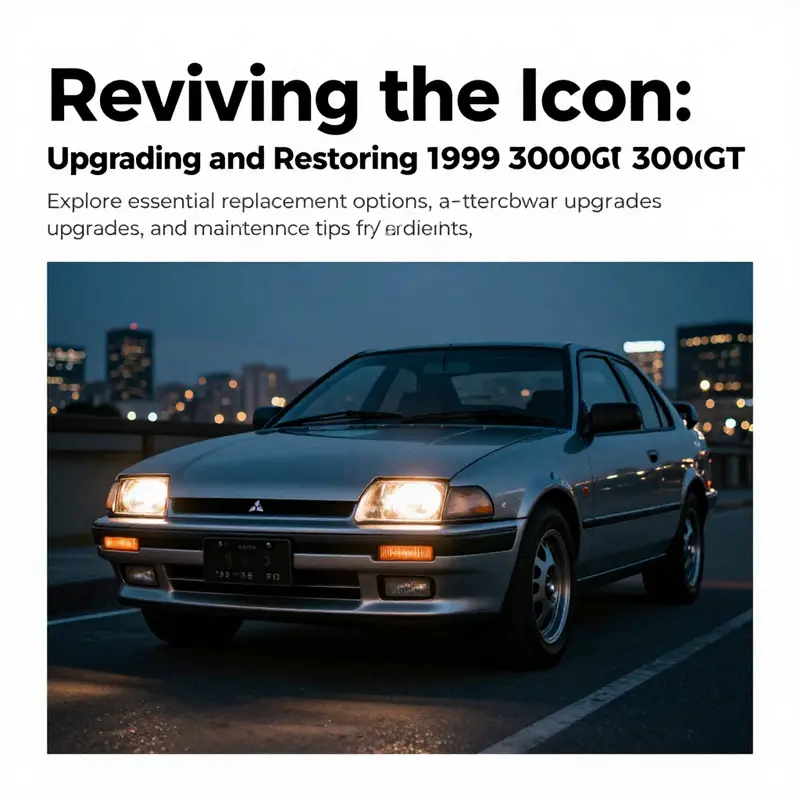 A 1999 Mitsubishi 3000GT with pop-up headlights on, set against a vibrant city skyline at night.