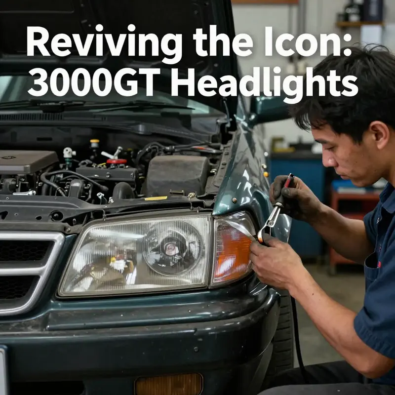 Detailed look at the 1999 Mitsubishi 3000GT headlights, highlighting replacement options.