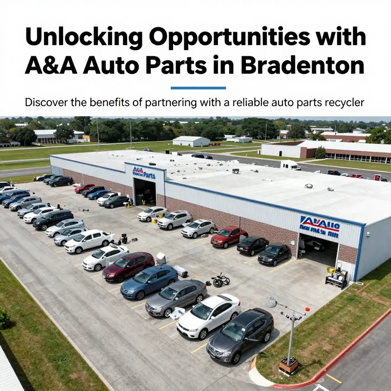 A panoramic view of the A&A Auto Parts recycling facility located in Bradenton, Florida, displaying organized vehicles and parts.