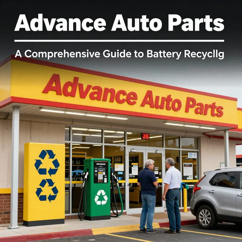 An Advance Auto Parts store that showcases its commitment to battery recycling through visible signage and active customer engagement.