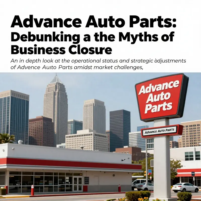 City skyline showcasing an Advance Auto Parts sign, representing their ongoing business operations.