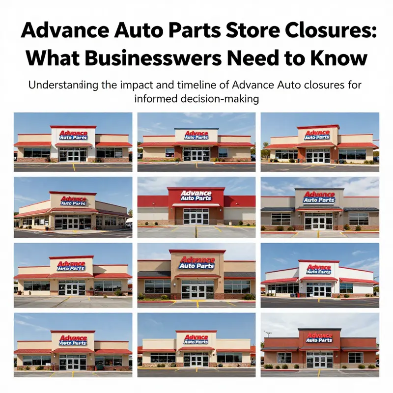 A photo-realistic collage displaying multiple Advance Auto Parts locations, emphasizing their variety and scale.