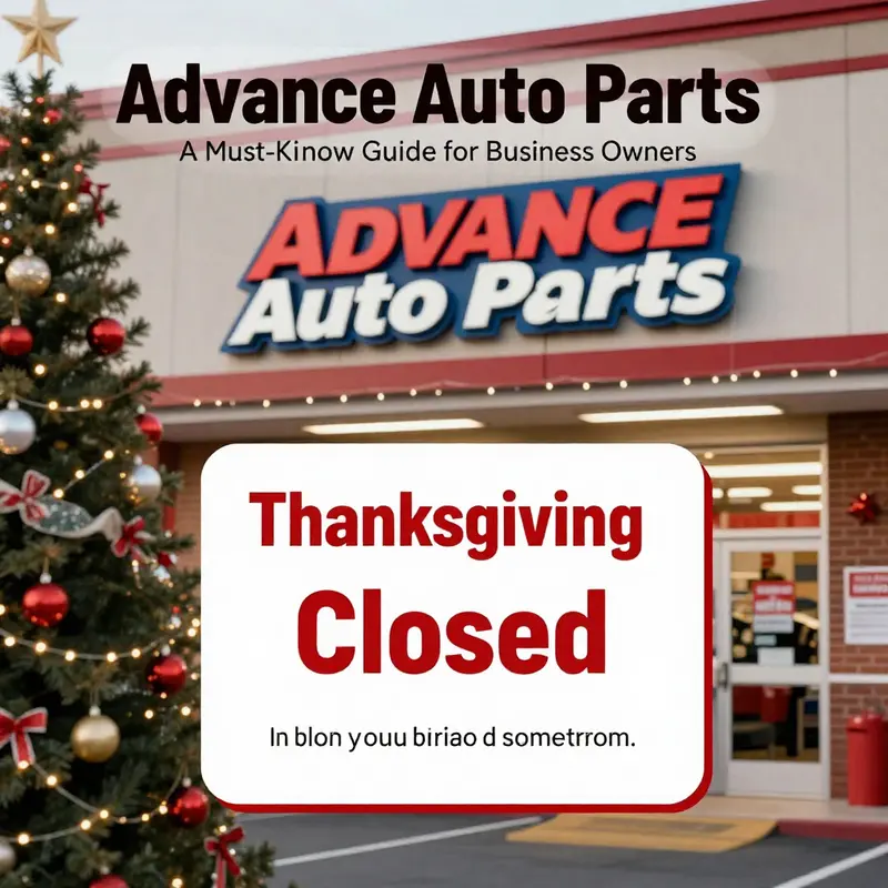 A beautifully decorated Advance Auto Parts store for the holidays, emphasizing its closure on Thanksgiving.