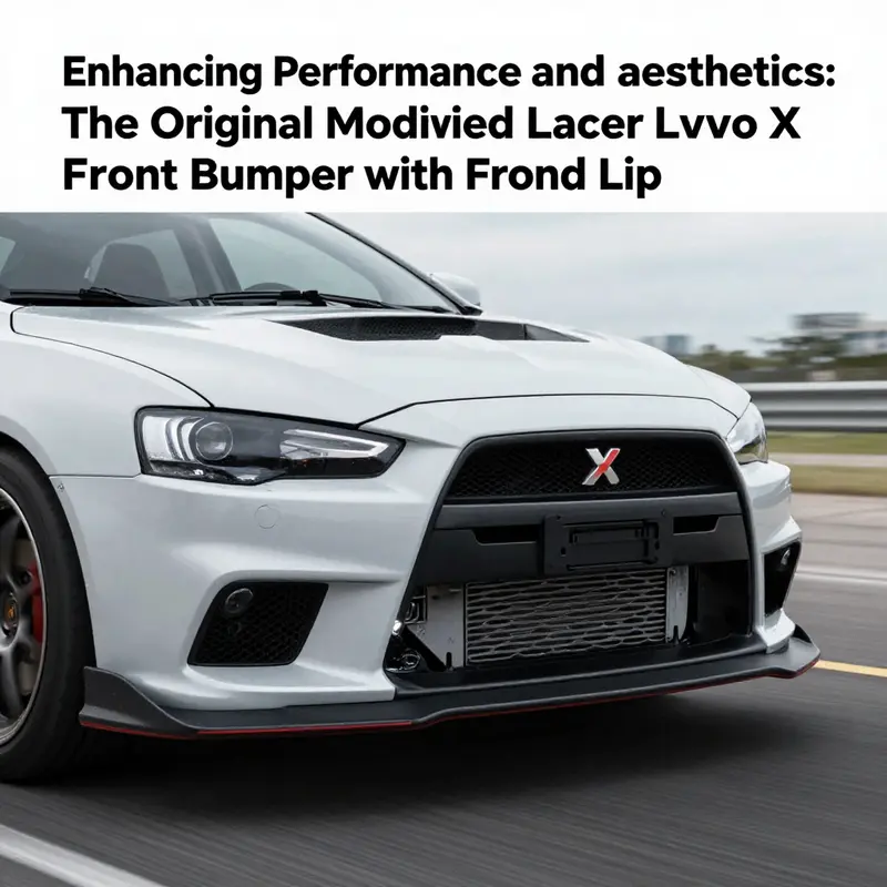 Detailed features of the original modified Lancer Evo X front bumper with front lip, showcasing its aggressive styling.