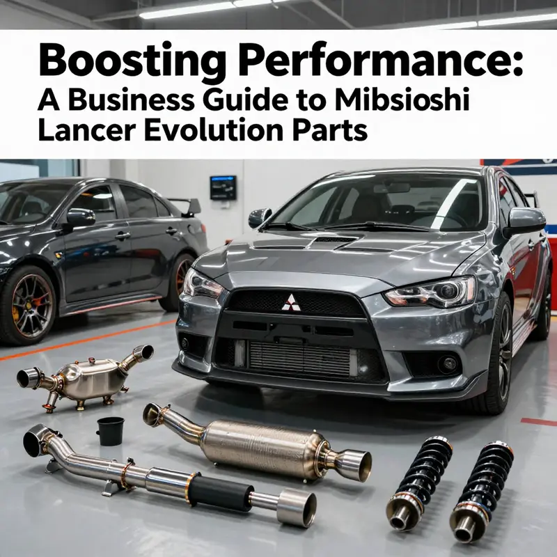 An array of aftermarket parts designed specifically for the Mitsubishi Lancer Evolution, showcasing performance options.