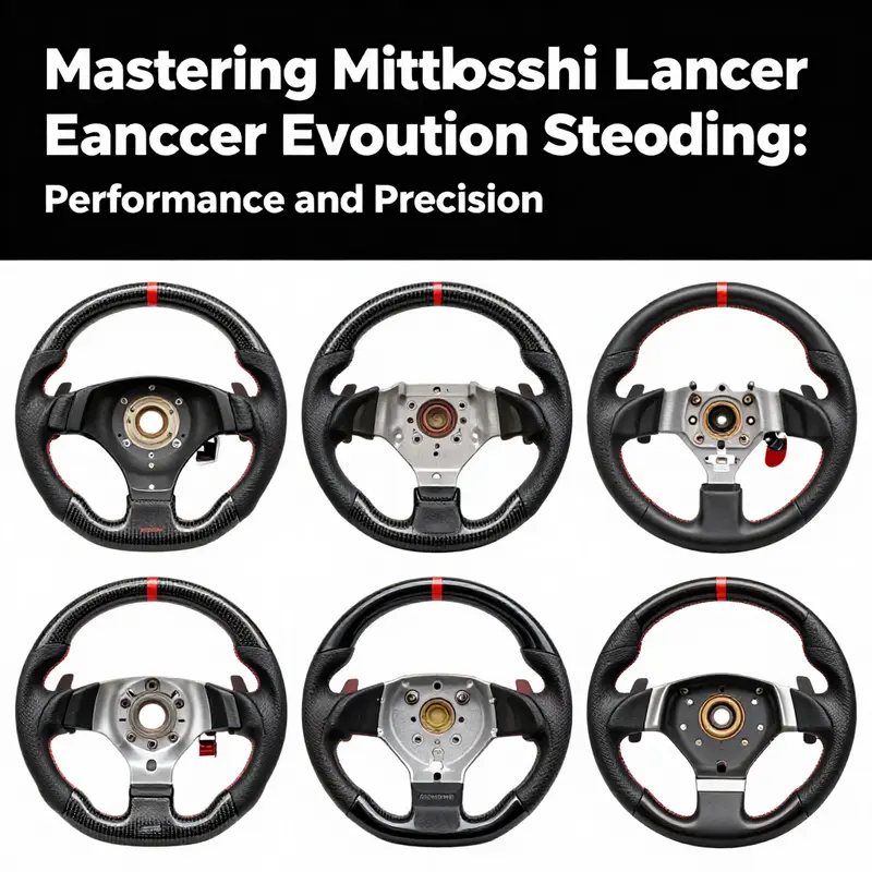 The original equipment steering wheel of the Mitsubishi Lancer Evolution, emphasizing its sporty design and functionality.