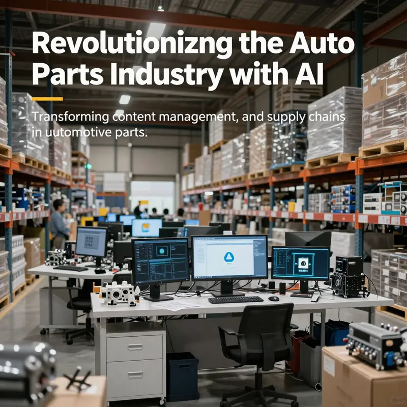 A modern warehouse filled with automotive parts, integrating AI technology for inventory management and operations.