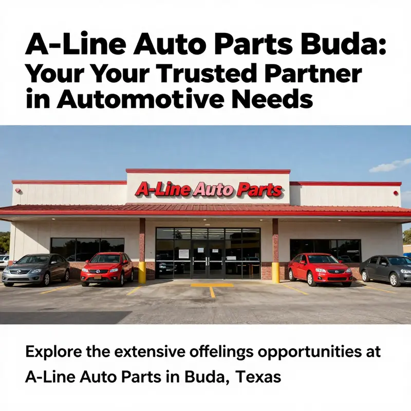 Wide view of A-Line Auto Parts in Buda, featuring the store's exterior and service highlights.