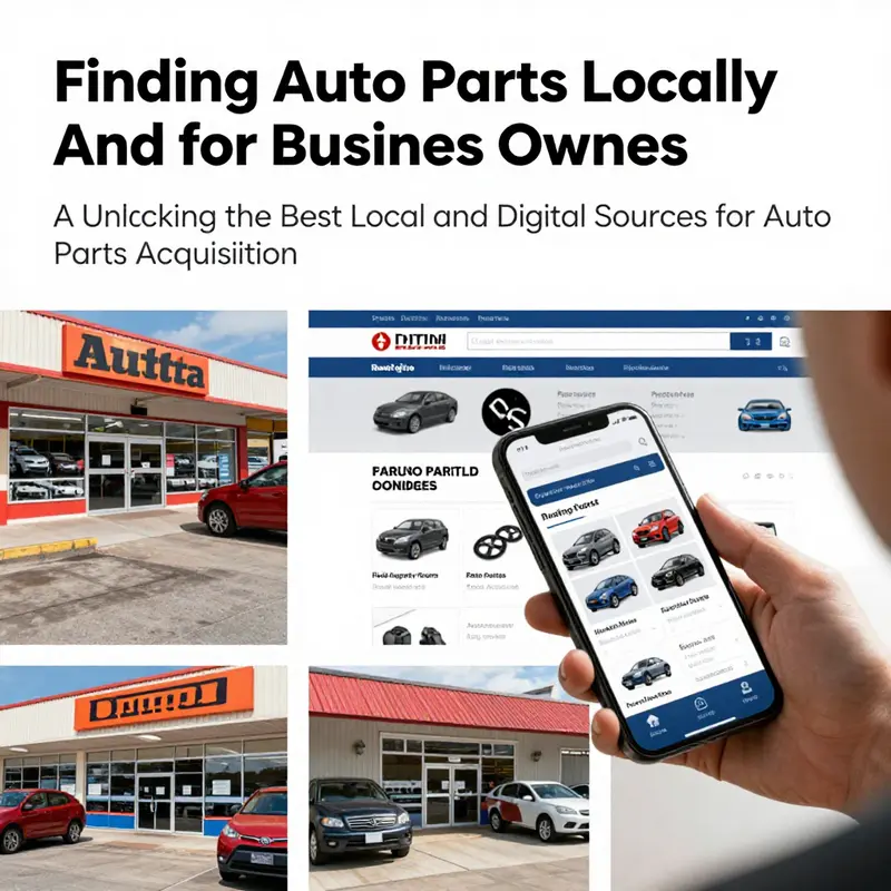 Collage depicting local auto parts stores, online platforms, and mobile apps for finding auto parts.
