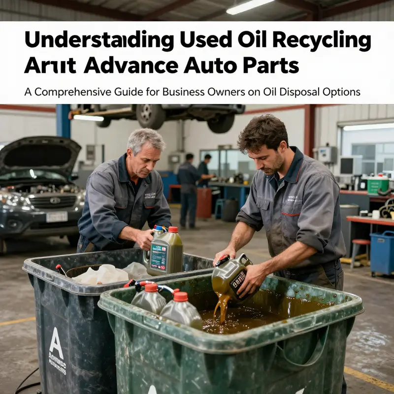 An automotive workshop showcasing technicians responsibly handling used oil recycling.