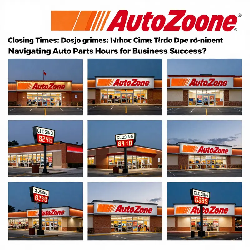 Illustration of AutoZone store fronts across various states highlighting their unique closing times.