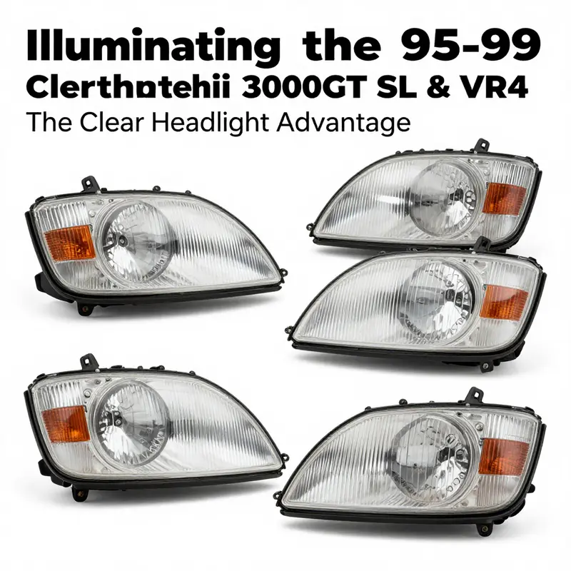 Selection of clear glass headlights for 1995-1999 Mitsubishi 3000GT models, emphasizing their availability for restoration projects.