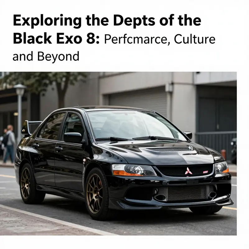 A black Mitsubishi Lancer Evolution VIII parked in a contemporary urban scene, highlighting its sleek design.
