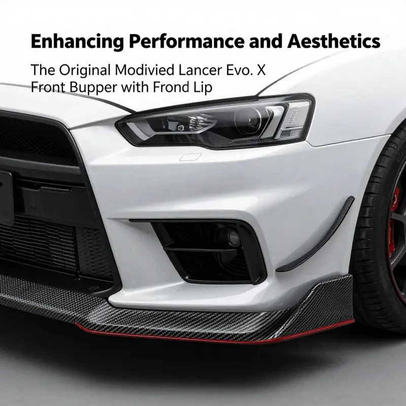 Detailed features of the original modified Lancer Evo X front bumper with front lip, showcasing its aggressive styling.