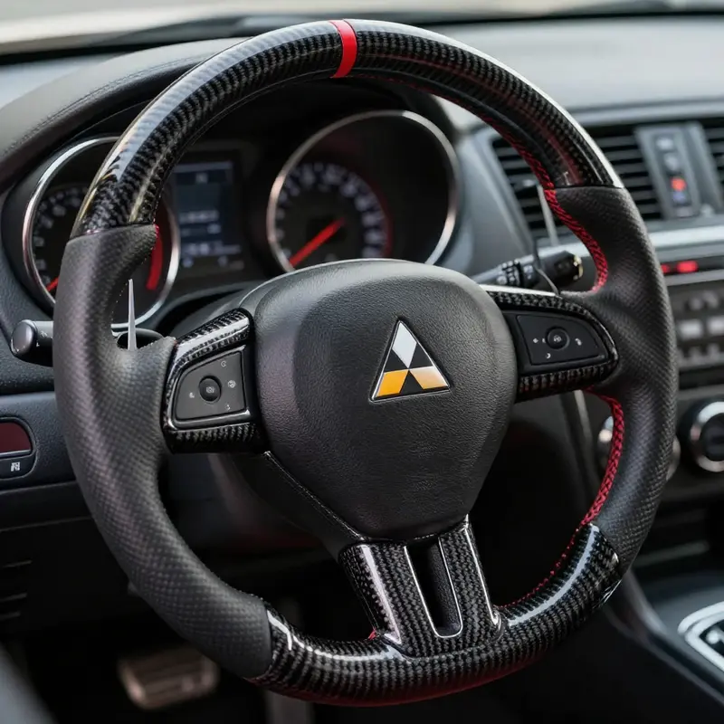 The D-shaped design of the carbon fiber steering wheel enhances the sporty feel while providing lightweight durability.