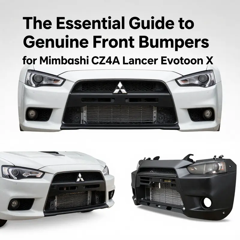 A close-up look at the detailed specifications of a genuine Mitsubishi Lancer Evolution X front bumper.