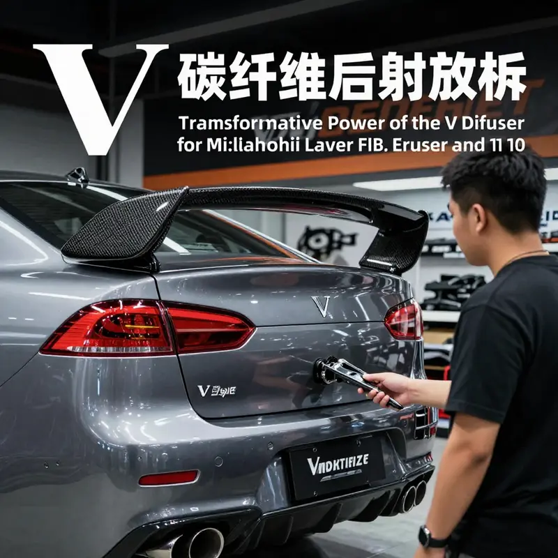 Mitsubishi EVO 10 featuring the V Style carbon rear diffuser, emphasizing performance enhancements.