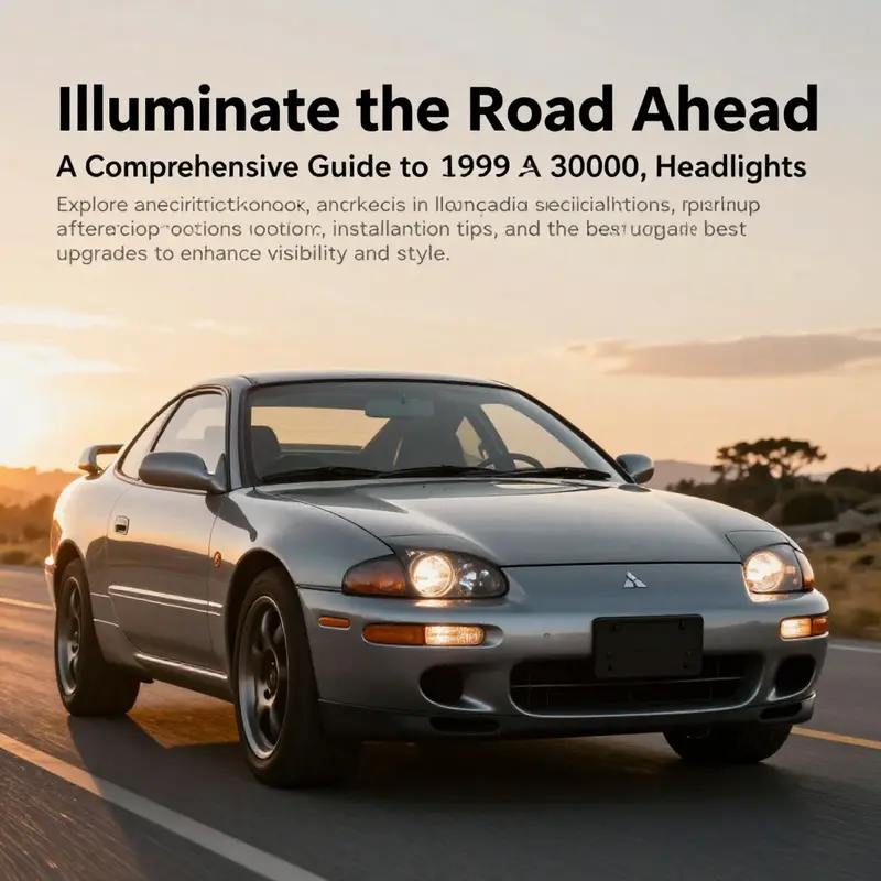 A 1999 Mitsubishi 3000GT driving with its pop-up headlights turned on in a sunset backdrop, representing elegance and automotive innovation.