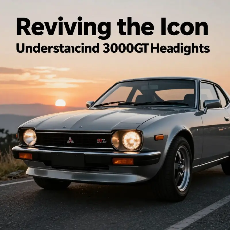 Mitsubishi 3000GT showcased on a scenic road with its distinctive headlights illuminating the background.