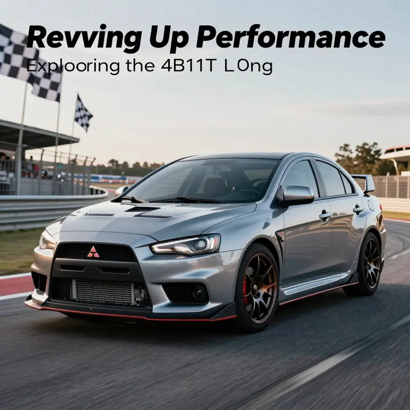 A Mitsubishi EVO car presenting the 4B11T Long Block engine, emphasizing its strength and performance potential in a racing environment.