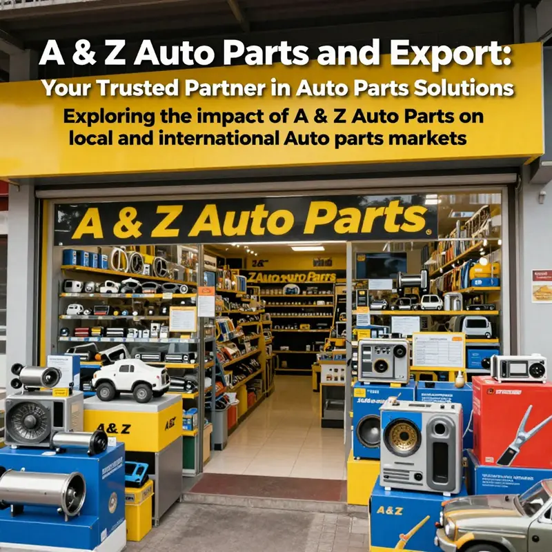 Diverse automotive parts showcased in front of A & Z Auto Parts and Export.