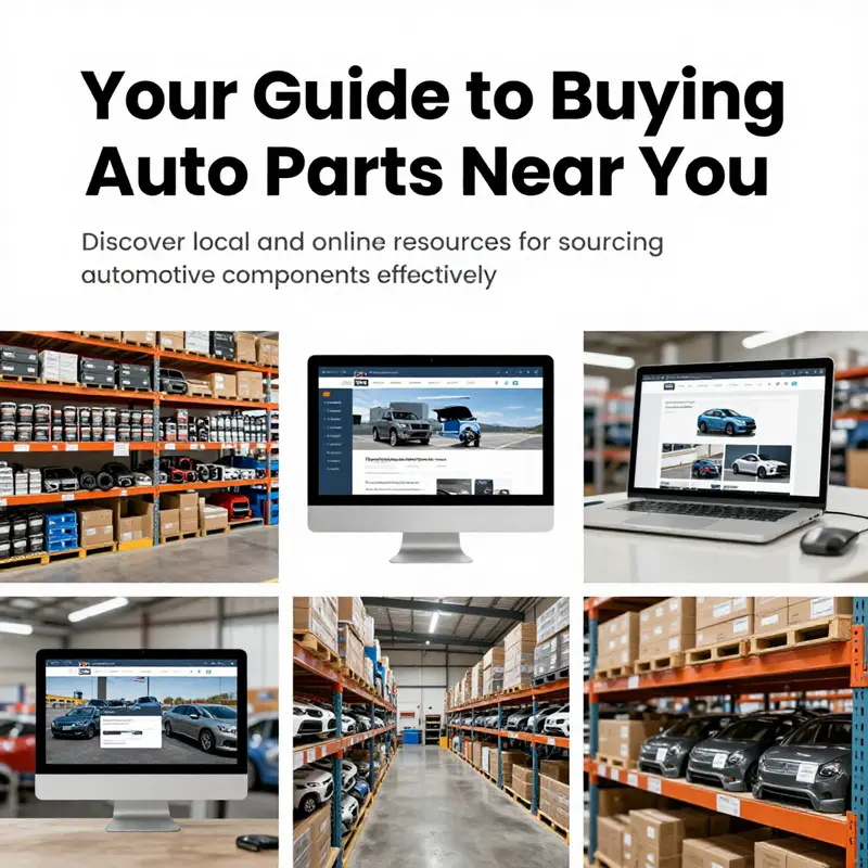 A collection of images depicting local auto parts stores, online shopping, and wholesale warehouses for automotive supplies.