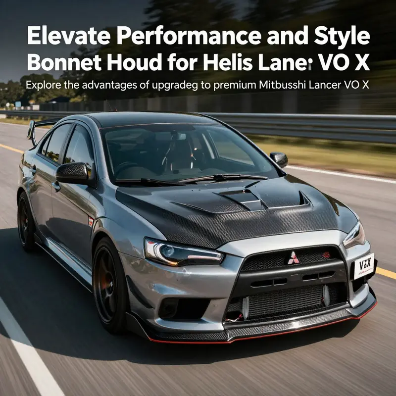 Mitsubishi Lancer EVO X in motion, highlighting the impact of the carbon fiber bonnet hood on performance and design.