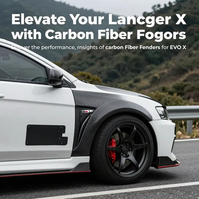 Mitsubishi Lancer Evo X on a mountain road, showcasing carbon fiber fenders and automotive excellence.