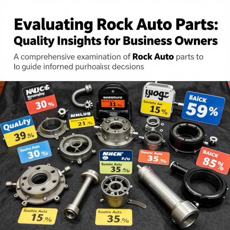 A collection of colorful automotive parts with labels for a cover on evaluating Rock Auto products.