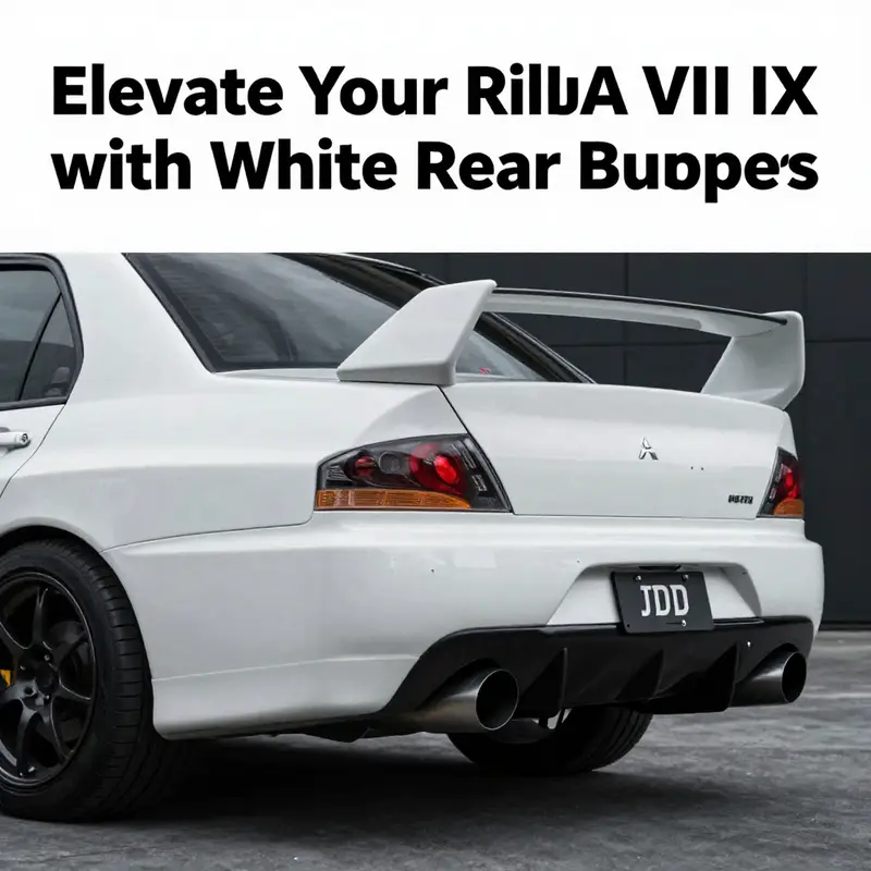 A Mitsubishi Evo VIII IX with a white JDM rear bumper parked against a scenic urban backdrop.