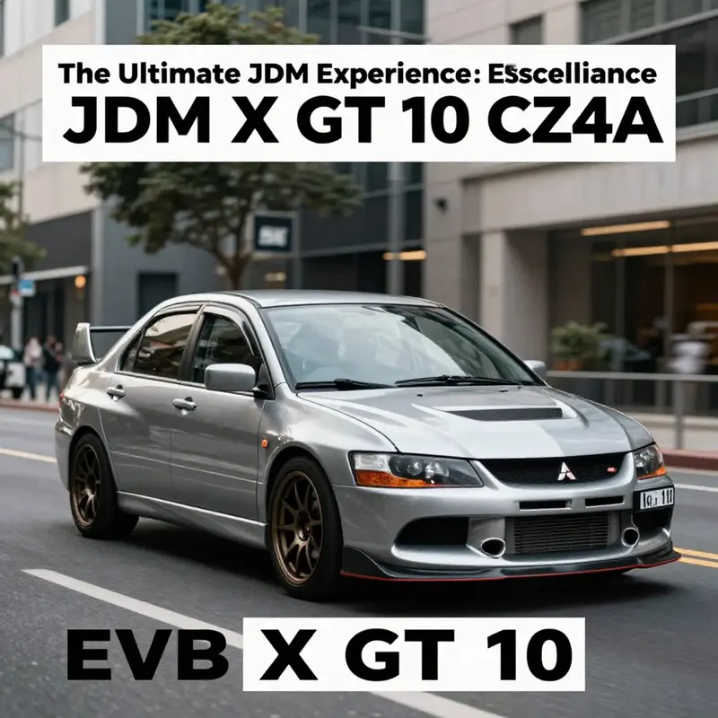 Mitsubishi Evolution X GT 10 driving through an urban environment, symbolizing JDM automotive enthusiasm.