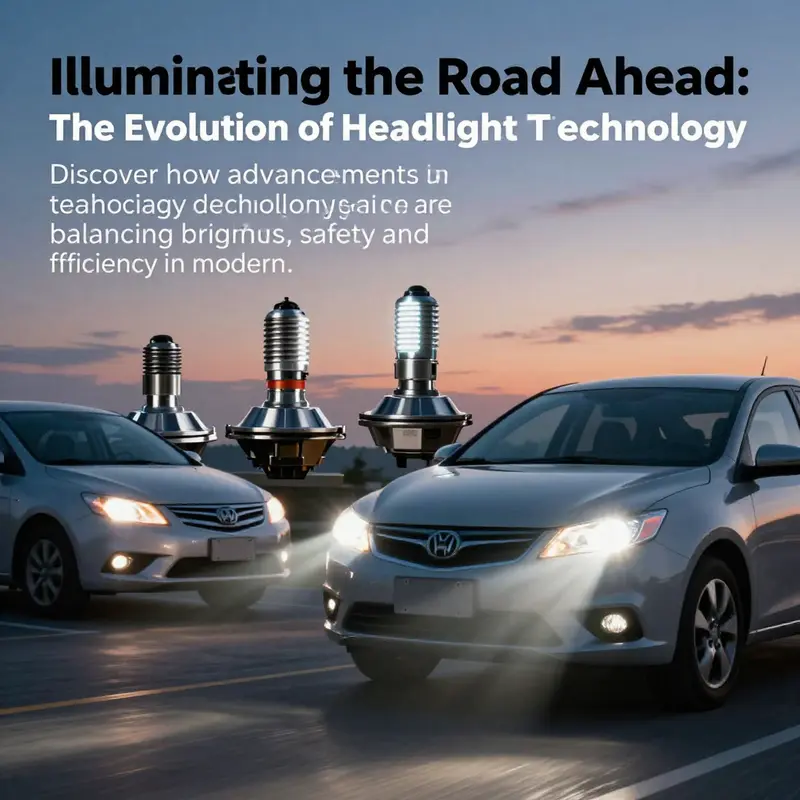 Cover image illustrating the evolution of automotive headlights, featuring different technologies in a twilight setting, emphasizing progress in vehicle lighting.
