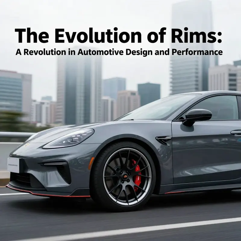 A modern car with evolution rims, highlighting design and performance in a vibrant city setting.