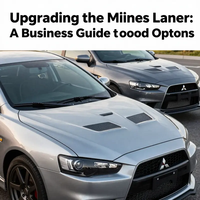 A Mitsubishi Lancer in an outdoor setting displaying various hood styles, illustrating the options available for upgrades.