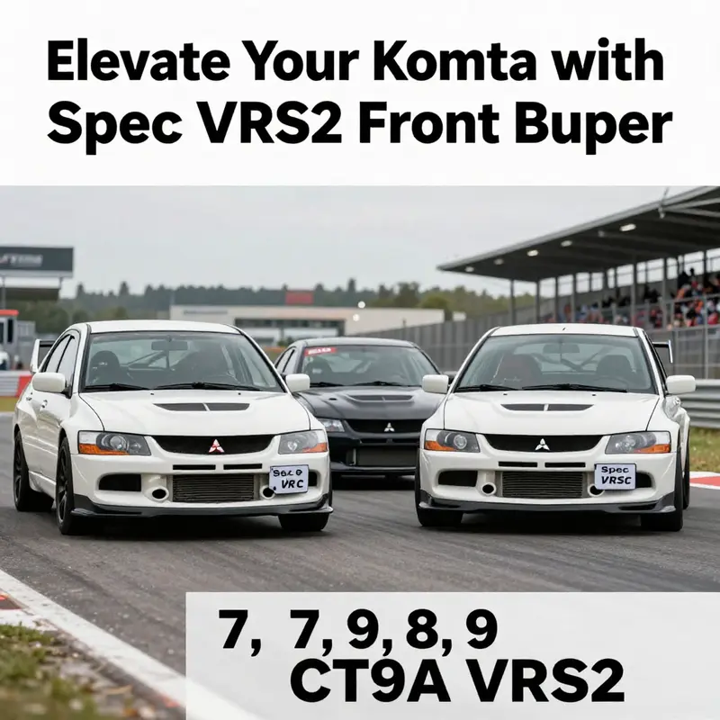 Three Mitsubishi Evolution models displaying the Spec VRS2 front bumper in a racing environment.