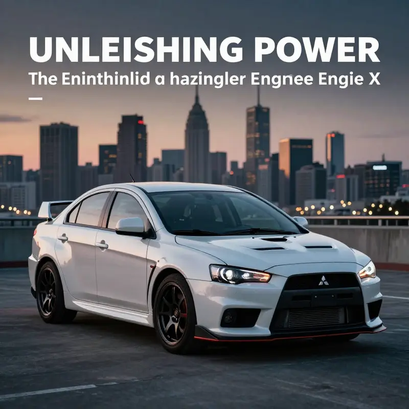 A Mitsubishi Lancer Evolution X parked in front of a city skyline during sunset, showcasing its sporty design.