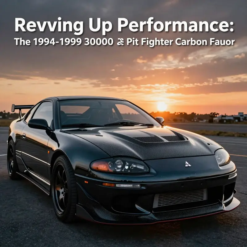 Mitsubishi 3000GT featuring the Pit Fighter carbon fiber hood, captured in an aesthetic sunset setting.