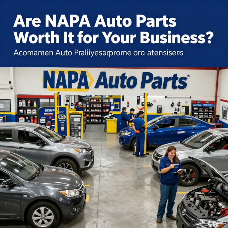 A detailed scene depicting the automotive industry with NAPA Auto Parts prominently featured among mechanics and satisfied customers.