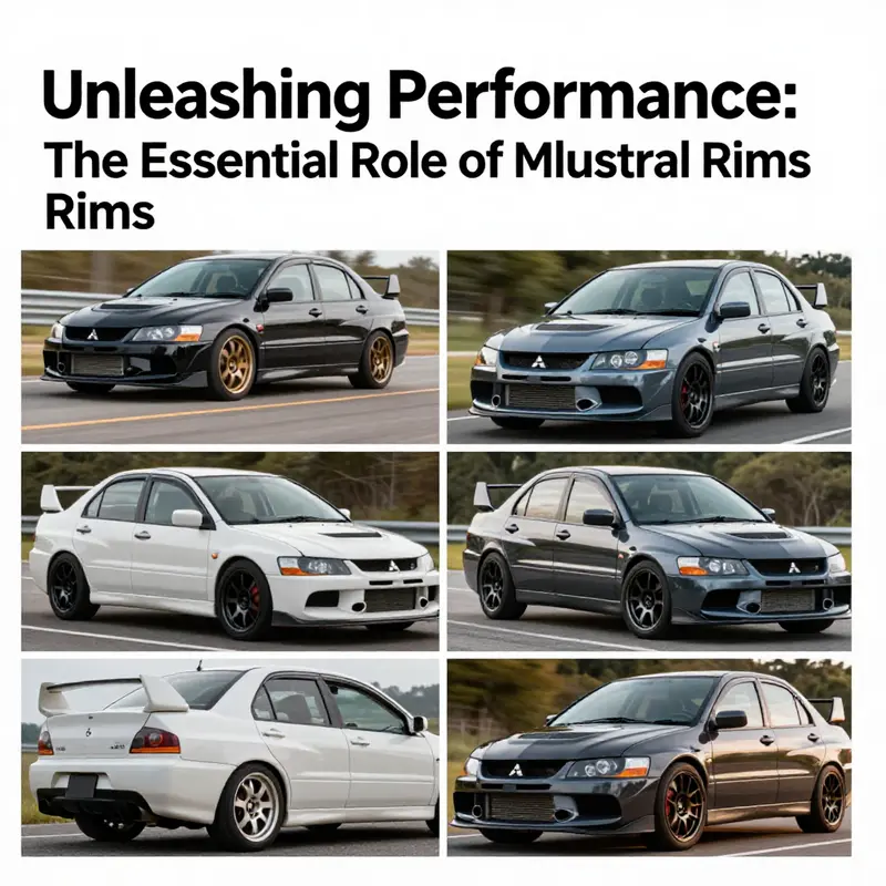 A montage of Mitsubishi Evolution cars demonstrating a range of rim styles and designs.