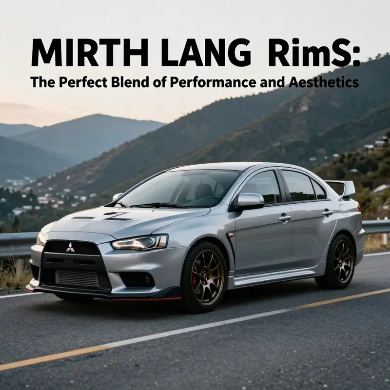 A Mitsubishi Lancer Evolution in a scenic landscape, highlighting its sporty design and distinctive rims.