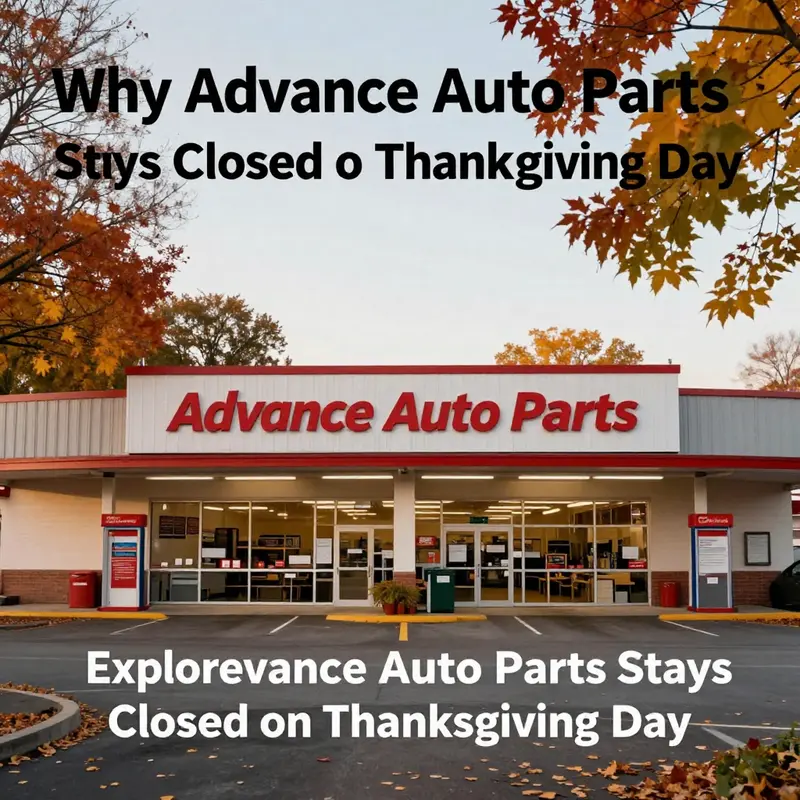 Closed Advance Auto Parts store in autumn, reflecting Thanksgiving holiday spirit.