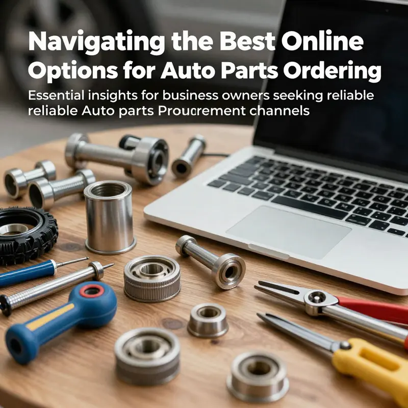 A collection of auto parts and tools laid out around a laptop, symbolizing sourcing and ordering in the automotive industry.
