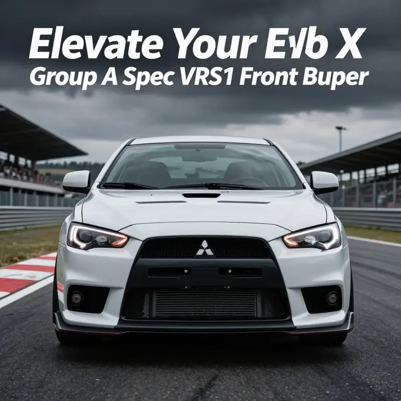 A Mitsubishi Lancer Evolution X featuring the Group A EVO X Spec VRS1 front bumper, poised on a racetrack, symbolizing its performance heritage.