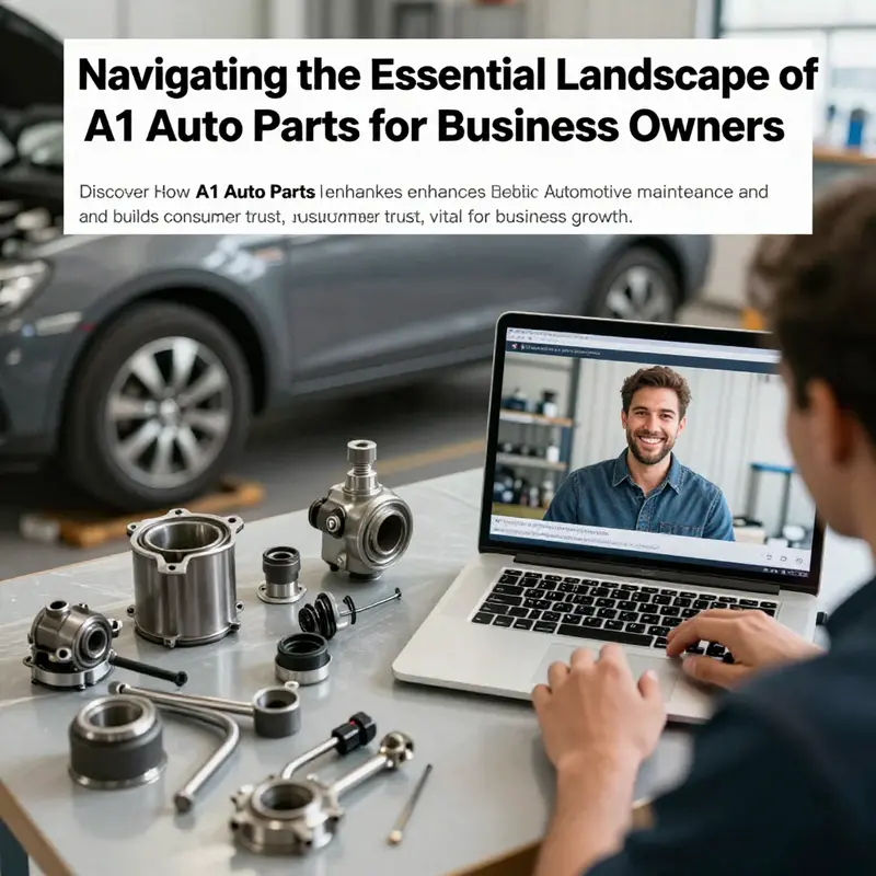 A composite image showcasing automotive parts and a customer interacting with digital resources for maintenance and parts procurement.